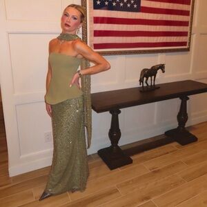 Baby boo Olive Green Sequin Skirt corset top and scarf xs